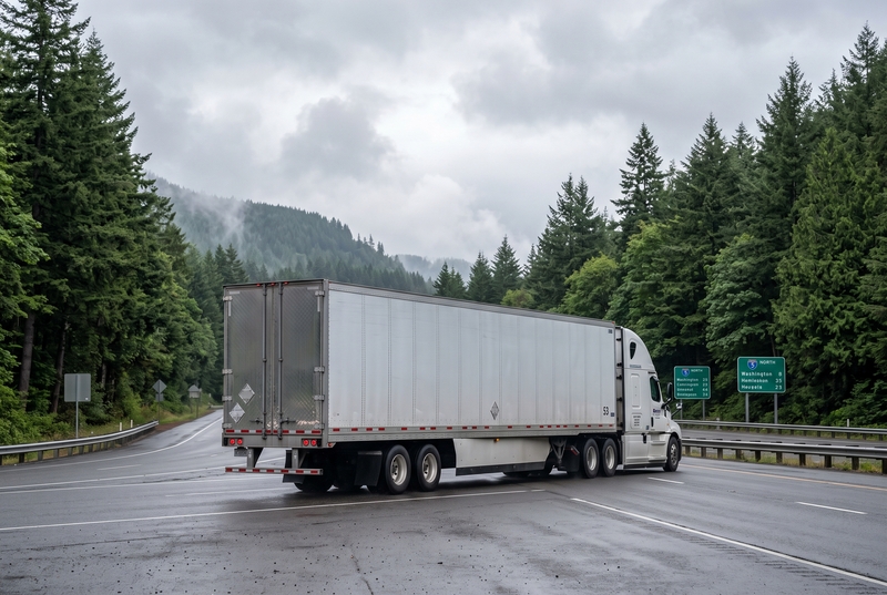 Semi-truck hauling dry van freight northbound through the Pacific Northwest forest corridor toward Lakewood Washington.