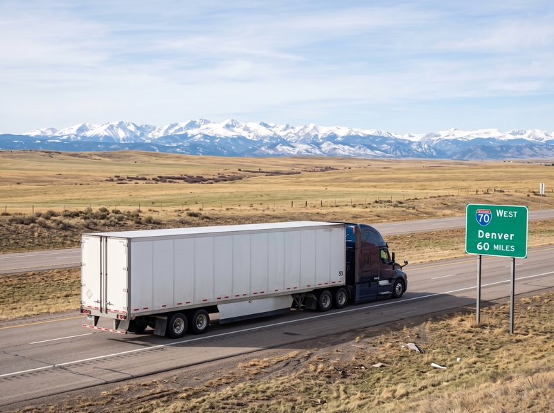 Semi-truck hauling commercial dry van freight westbound along Interstate 70 toward the Colorado Front Range.