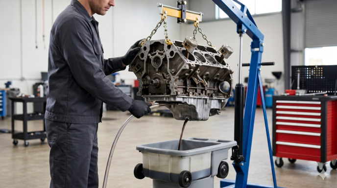 A clean, professional real-life photograph of a mechanic draining fluids from an automotive engine block suspended in a modern workshop.