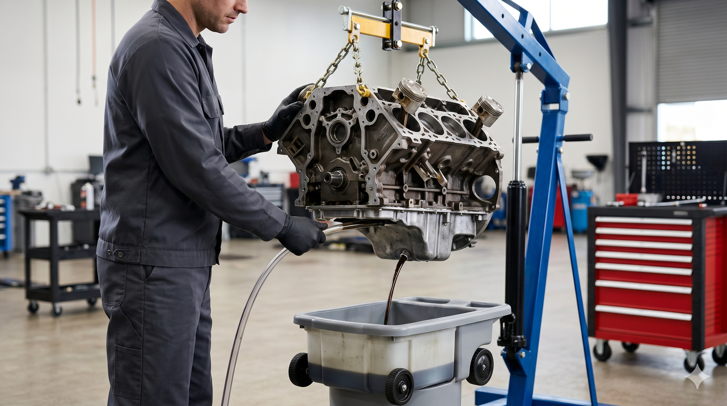 A clean, professional real-life photograph of a mechanic draining fluids from an automotive engine block suspended in a modern workshop.