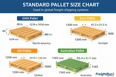 Standard pallet size chart showing 48x40 GMA pallet, Euro pallet dimensions, ISO pallet, and Australian pallet used in freight shipping