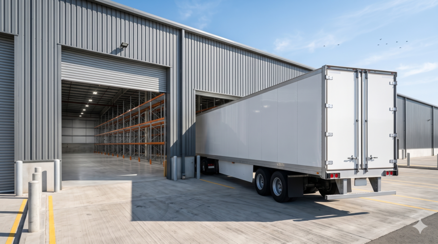A high-contrast premium photograph of an empty commercial semi-truck flatbed trailer parked outside a quiet industrial warehouse loading dock door.