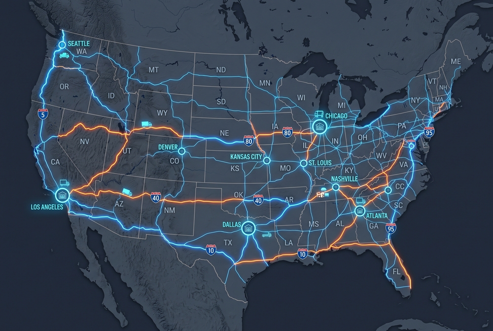 Digital map infographic illustrating major US interstate highway freight corridors and commercial shipping routes.