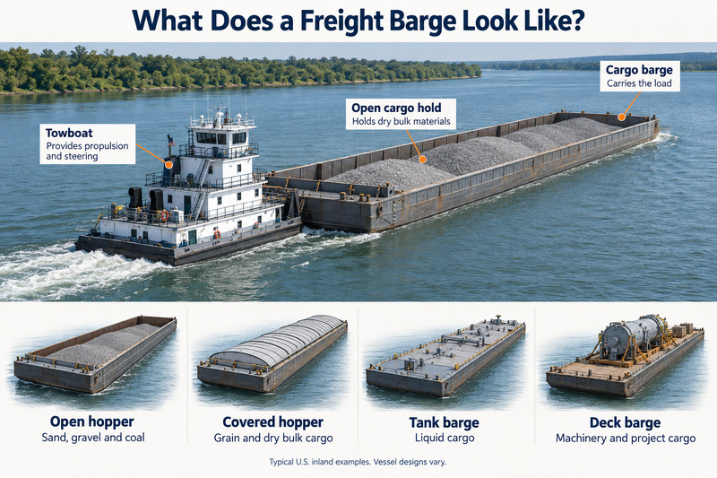 Towboat pushing an open hopper barge, with labeled components and examples of open hopper, covered hopper, tank, and deck barges