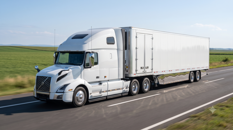 A professional low angle photograph of a modern white commercial semi-truck pulling a clean 53 foot dry van trailer down an open highway under clear daytime skies.
