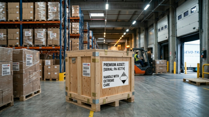 A professional high-contrast photograph of a pristine, large industrial wooden shipping crate resting on a clean concrete warehouse floor with forklift access visible.