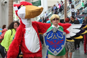 Link from the Legend of Zelda and a big red bird.