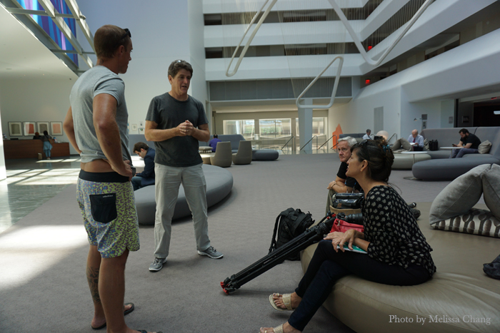 Discussing the filming game plan with Mike Lofaro, cameraman Bill Paris and host Kathy Muneno