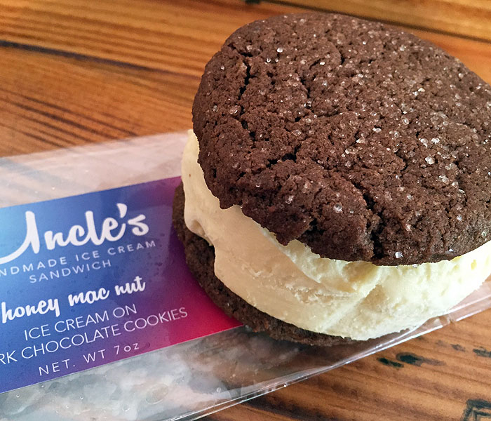 Be sure to check out Uncle’s seasonal flavors. Right now, they include Eye of the Tiger (chai ice cream between spiced oatmeal cookies) and Mango Mochi (mango mochi on old-fashioned sugar cookies).