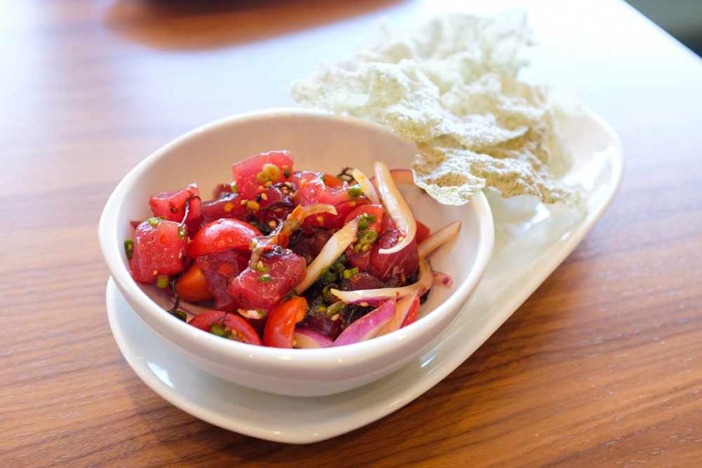 The ahi poke ($16) is flavored well with chili pepper flakes, sesame, red onion, crispy rice and strings of ogo. The seaweed chips are cool too look at, but I had hard time using them as vessels to shovel poke into my mouth.