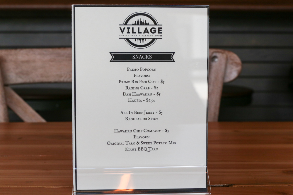 The food menu features local producers, Primo Popcorn, All In Beef Jerky, Hawaiian Chip Company and HI Pies.