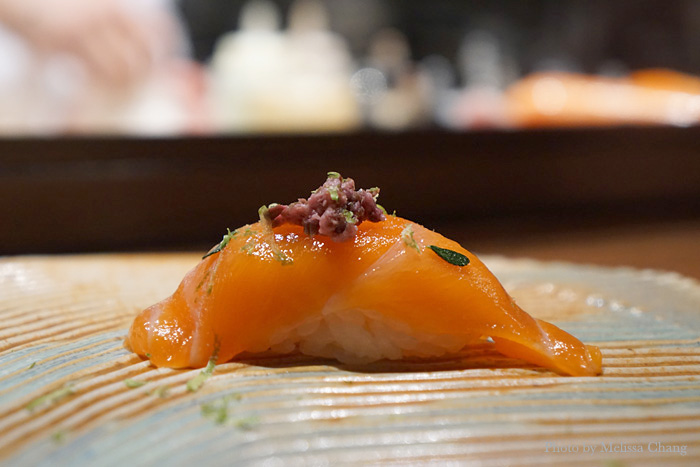 Ocean trout with sakura masu, lime, and kinome.