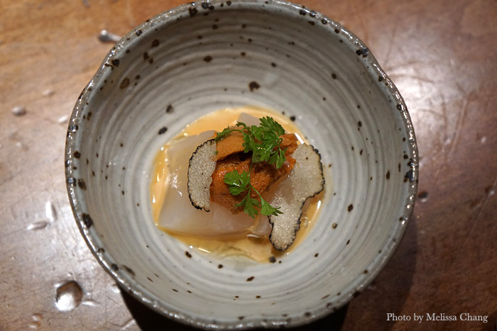 Hokkaido scallop with summer black truffle, sake sea urchin jus, and chervil. This melted in my mouth!
