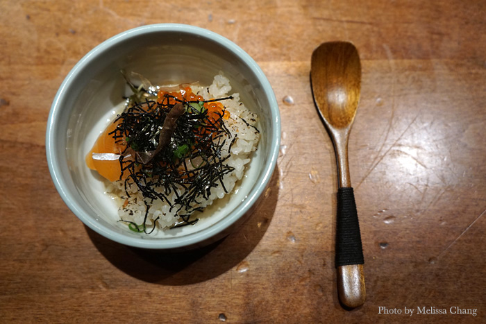Smoked arctic char donabe with furikake, katsobushi, green onion, rainbow trout roe, and quail egg.