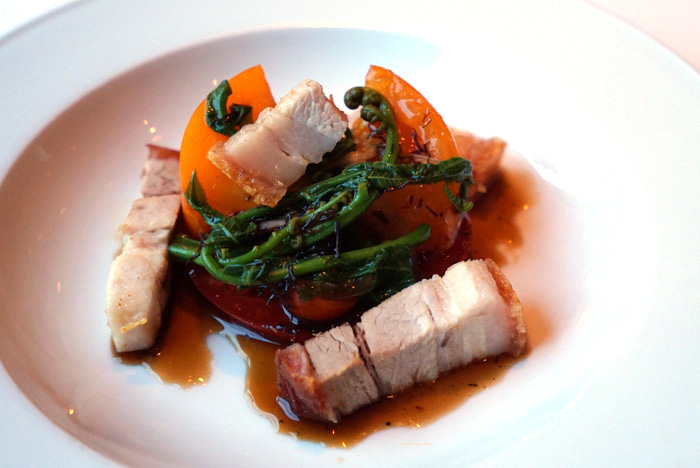 Lechon: crispy pork belly with beefsteak tomatoes, Maui onion, fiddlehead ferns, and pickled ogo. Need I say more? You can't go wrong with crispy pork belly. This was paired with Domaine Pierre Guillemot, 2014 Savigny aux Serpentines Premier Cru from Burgundy.