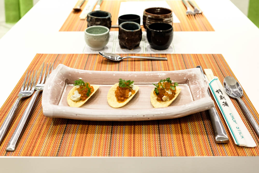 The first course of the night was Chef Matsubara's Clam Dip Caviar; sake-marinated ikura and littleneck clam dip, on a Pringle!