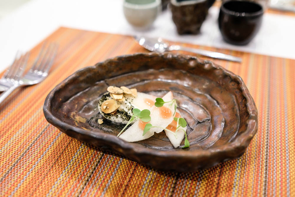 Course two was also served in two parts, beginning with the nori burrata with Asian pear and umeboshi syrup. The coiled bowls ($25 each), by Ashley Huang, were inspired by organic mango shapes.