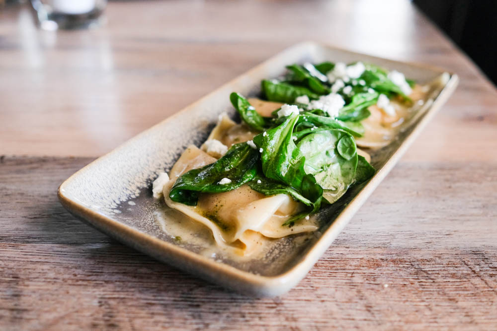 One of my favorites from Monkeypod, the squash ravioli made with roasted squash, chevre, spinach and walnut sage pesto ($12).