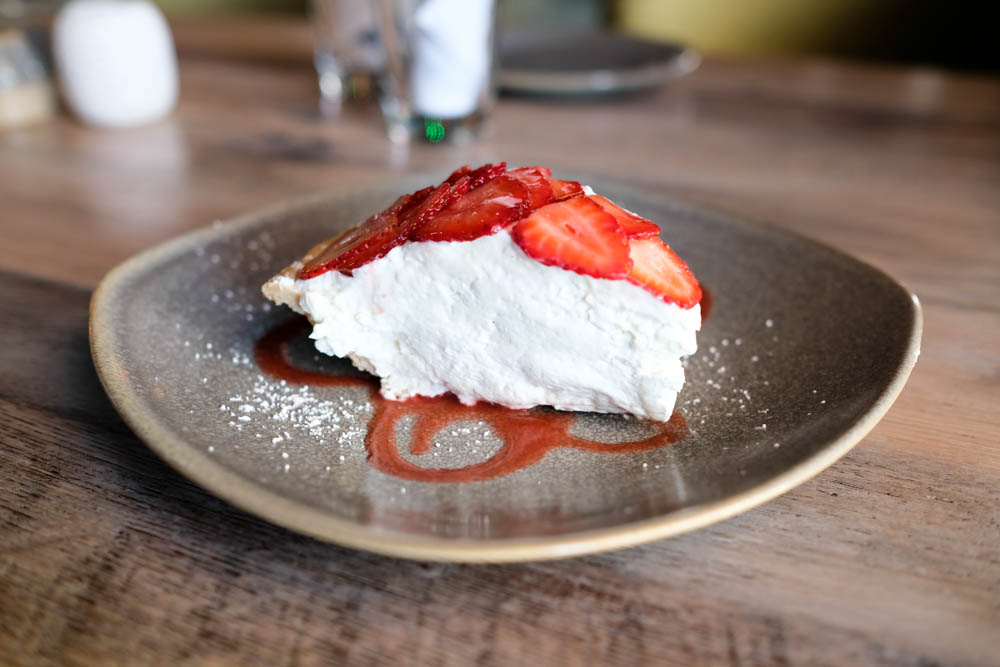 A thick slice of strawberry pie ($8) with a creamy filling and guava drizzle over top.
