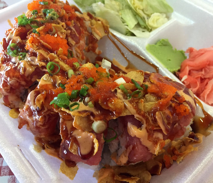 My favorite part of the Dragon Tears Roll is the cornflake “crunch” topping.