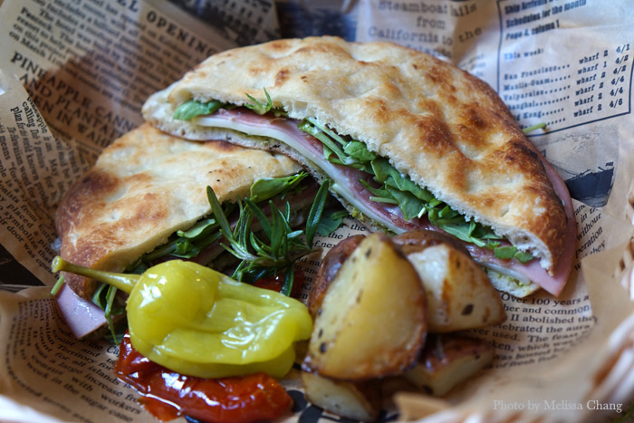 Another new "breakfast in bread" item: panino con affetato misto ($12.95), a sandwich with mortadella ham, prosciutto, salami, arugula, fresh mozzarella and Genovese pesto. This is thin but very filling!