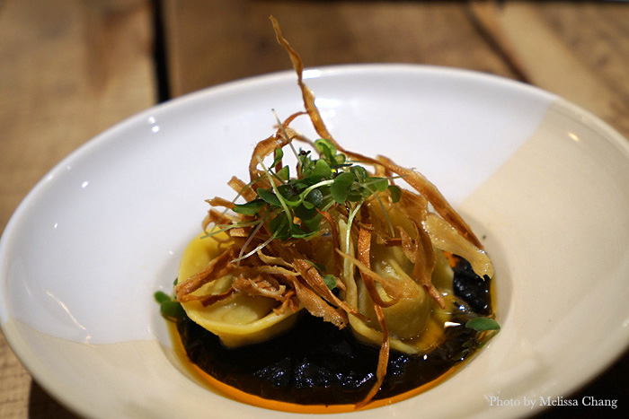 Jeff Scheer did a great job with his pork tortellini, which was topped with fried gobo. It sat on a bed of gobo puree, which he made more attractive with squid ink, and then drizzled chili oil. Put this on the Mill House menu!