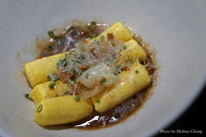 Egg yolk gnocchi ($15) at ink. in French onion broth and topped with appenzeller cheese. I thought there were bacon bits, but the crunch comes from tiny croutons.