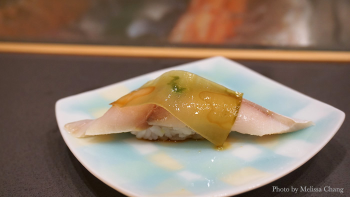 When Kawasaki had his pop up, this was my (and chef Keith Endo's) favorite. Mackerel topped with a special blend of green onion and ginger to impart a garlicky flavor, and topped with konbu. It's the most unique piece of sushi ever, and even if you don't normally like oily fish, you'll want more of this one.