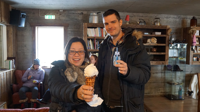Deb with our guide, Atilla the Hunk. He's drinking a whey protein shot from the farm, which is mildly tart and very good for you.