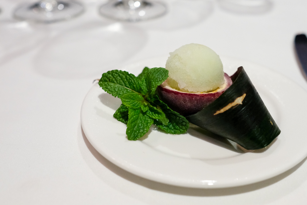 We were served an intermezzo of Big Island dragon fruit granita to cleanse the palate for the entree course.