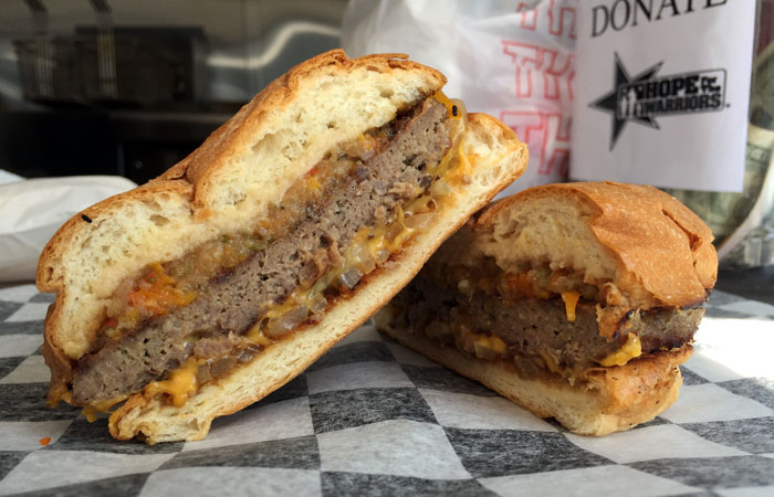 The Hawaiian Bus burger ($7) includes the best of all worlds — it features the truck’s signature Bus burger (made with a 1/3-lb. Angus beef patty) topped with American cheese, teriyaki sauce, grilled onions and pineapple salsa.