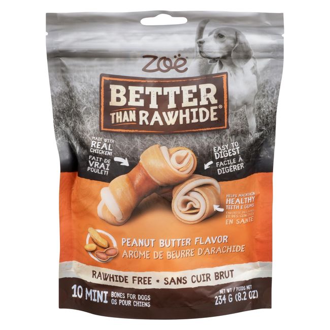 Zoe Better Than Rawhide Peanut Butter Bones For Dogs, 234 G -- 9 Per Case