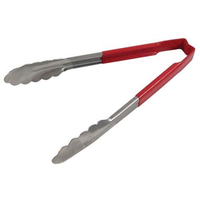 Vollrath 4780940 Stainless Steel Antimicrobial One Piece Scalloped Tong With Red Kool-touch Handle, 9.5 In Length