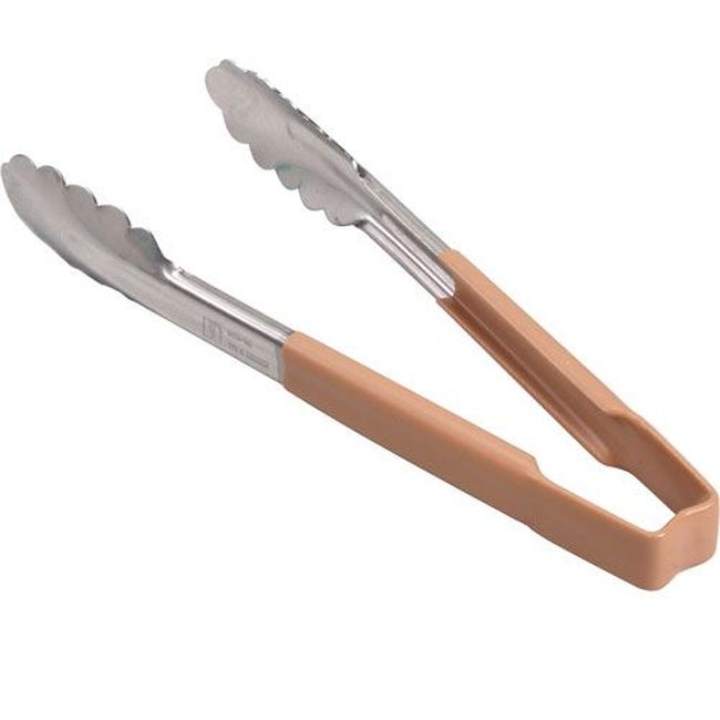 Vollrath 4780960 Stainless Steel Antimicrobial One Piece Scalloped Tong With Tan Kool-touch Handle, 9.5 In Length