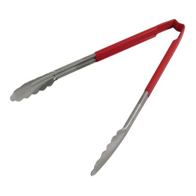 Vollrath 4781240 Stainless Steel Antimicrobial One Piece Scalloped Tong With Red Kool Touch Handle, 12 In Length