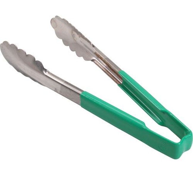 Vollrath 4780970 Stainless Steel Antimicrobial One Piece Scalloped Tong With Green Kool-touch Handle, 9.5 In Length