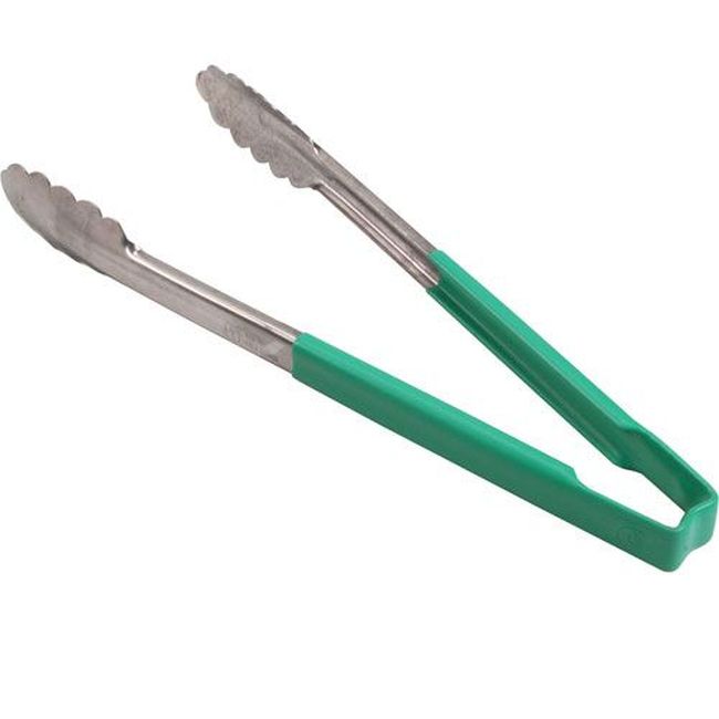 Vollrath 4781270 Stainless Steel Antimicrobial One Piece Scalloped Tong With Green Kool-touch Handle, 12 In Length