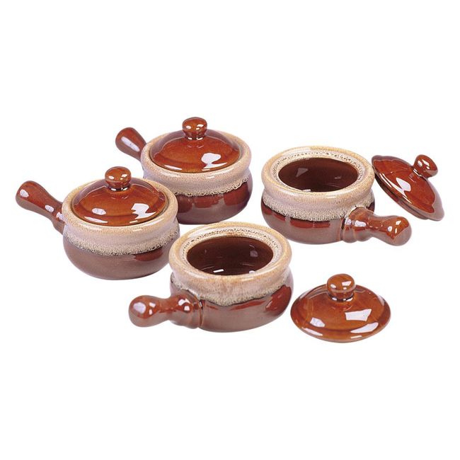 Browne Bol À Soupe À L'oignon En Céramique Bicolore Marron Avec Couvercle, Lot De 4