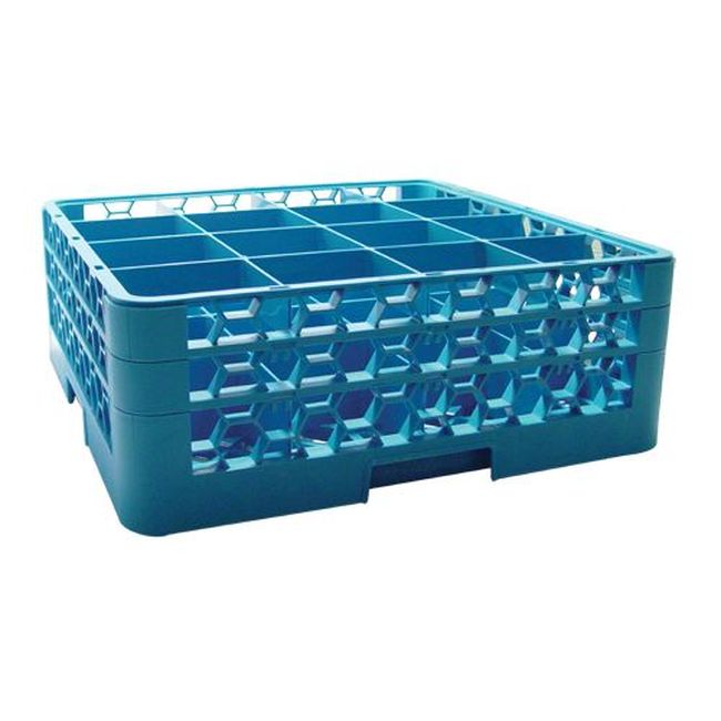 Carlisle Rg16-214 Opticlean Polypropylene Blue 16 Compartment Glass Rack With 2 Extender, 19.88 X 19.88 X 7.125 In