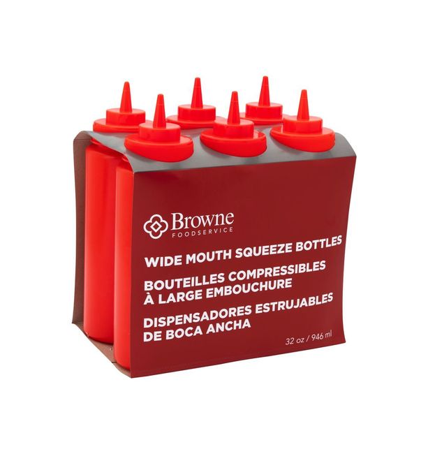 Browne Polyethylene Red 32 Oz Wide Mouth Squeeze Bottle, Set Of 6