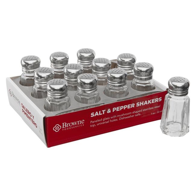 Browne 1 Oz Paneled Glass Salt And Pepper Shaker With Stainless Steel Top, Set Of 12