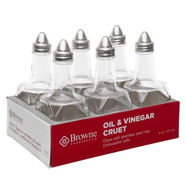 Browne Stainless Steel 6 Oz Pouring Top Glass Base Oil And Vinegar Dispenser, Set Of 6