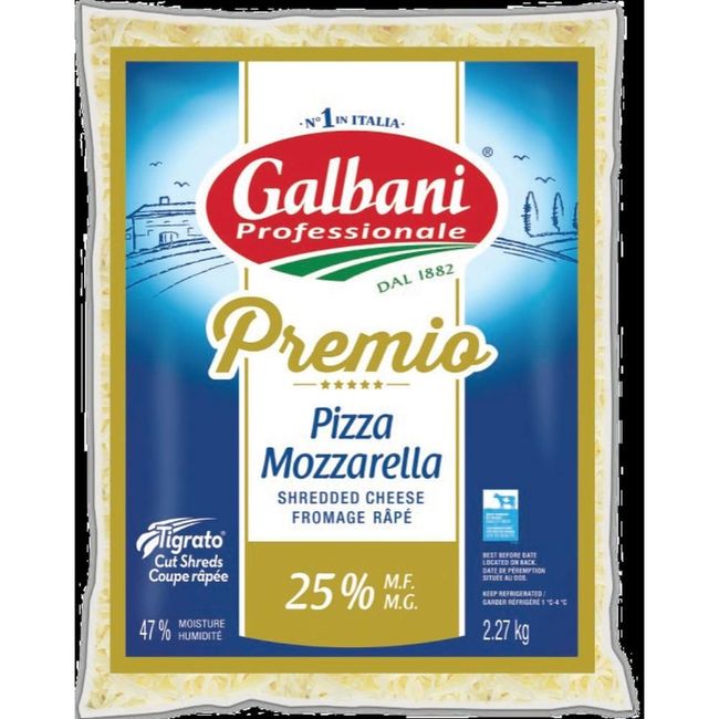 Galbani Fromage Mozzarella Râpé Premio 25 % De Matière Grasse Laitière, Coupe 3d, 2,27 Kg -- 4 Par Boîte