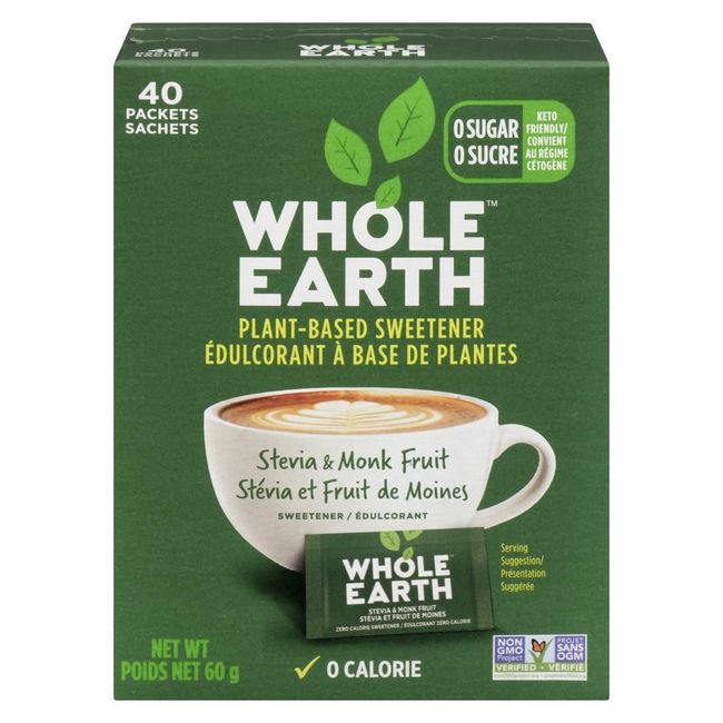 Whole Earth Stevia Monk Fruit Sweetener Packets, 40 Count -- 12 Per Case