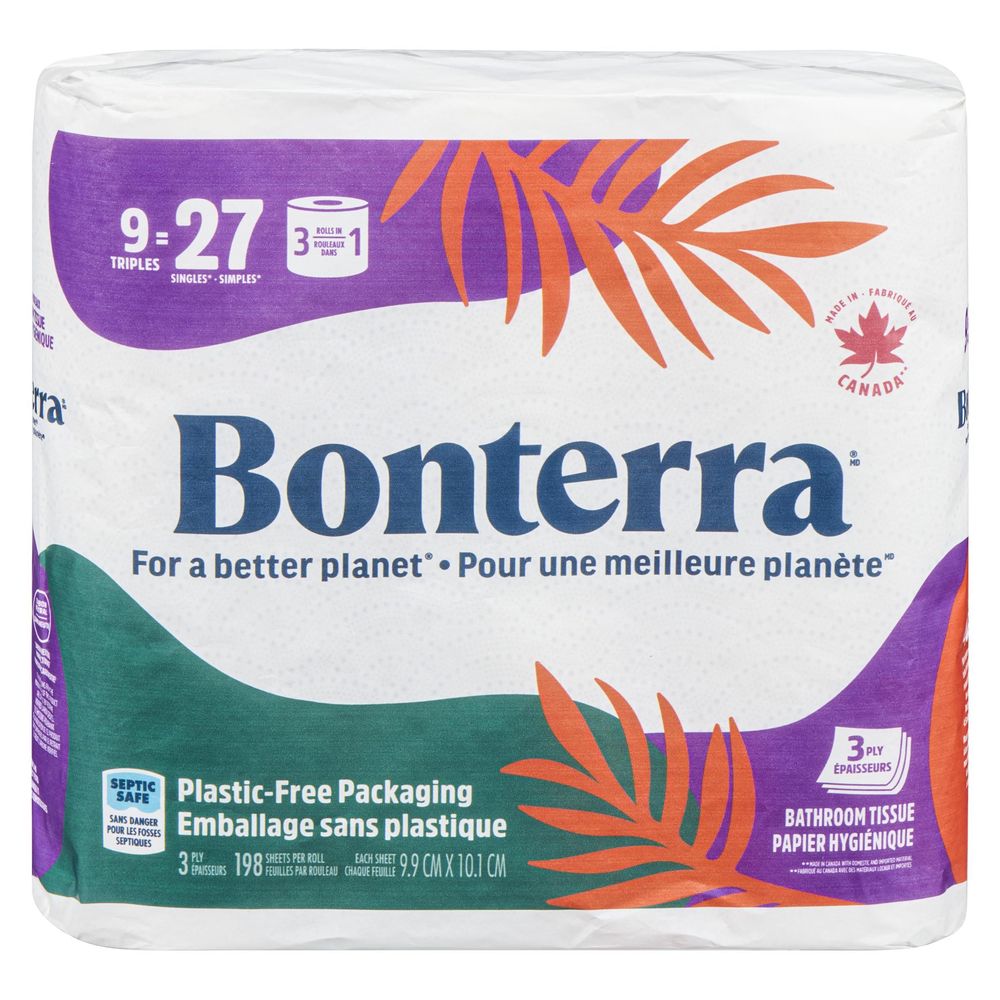 Bonterra Papier Toilette En Rouleau 3 Plis, Paquet De 9 (5 Rouleaux Par Caisse).