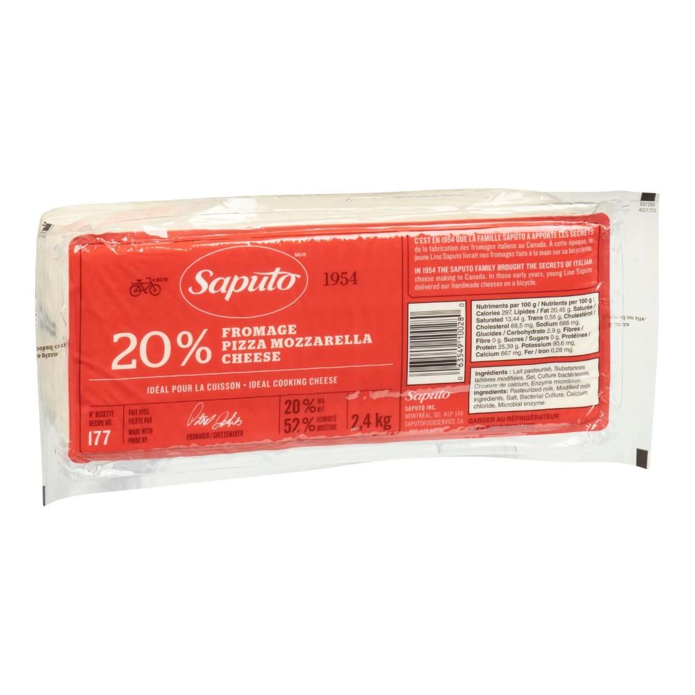 Saputo 20 Percent Milk Fat Pizza Mozzarella Cheese, 2.4 Kg - 10 Per Case