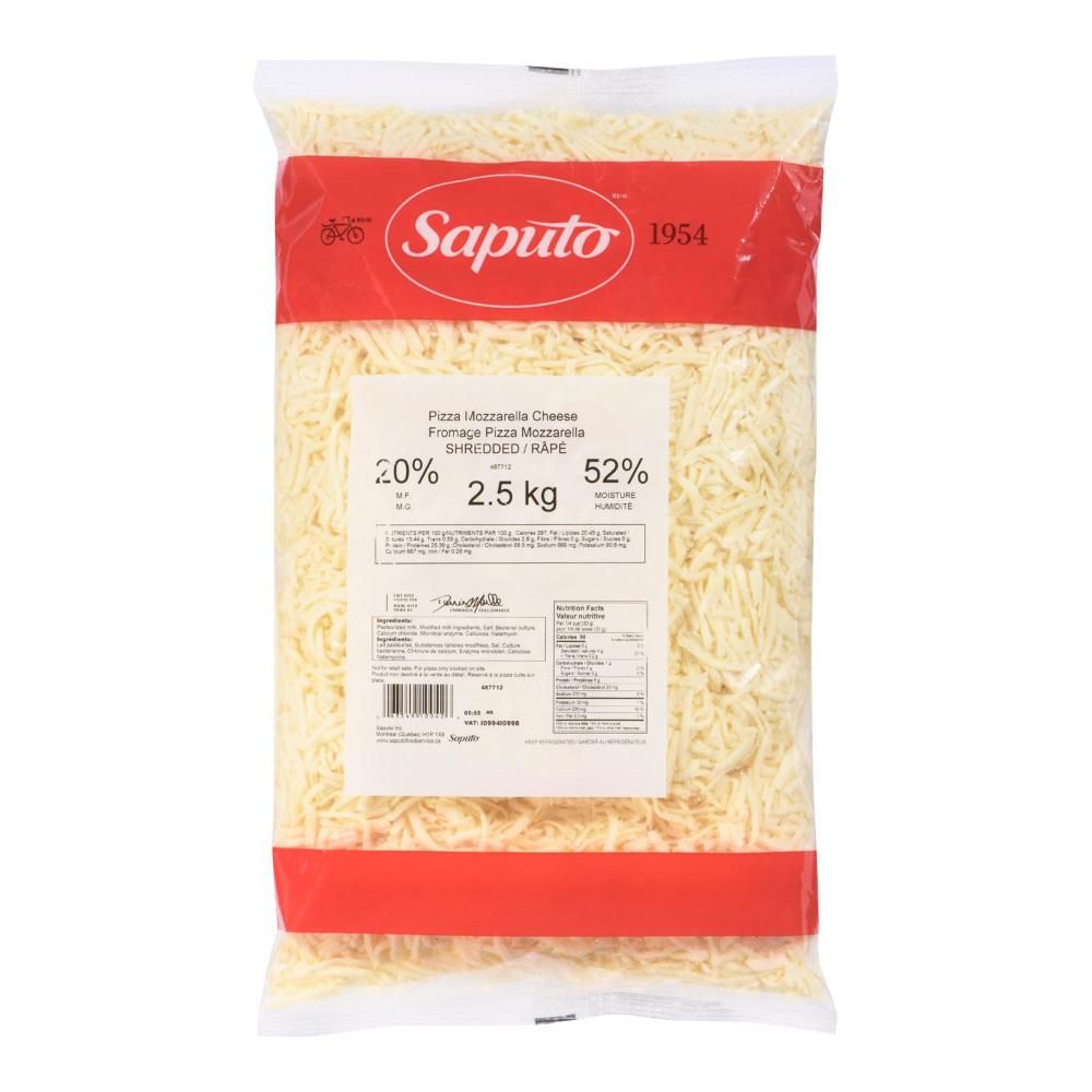 Saputo 20 Percent Milk Fat Mozzarella Cheese, 2.5 Kg - 4 Per Case