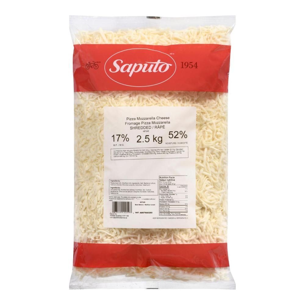 Saputo 17 Percent Milk Fat Pizza Mozzarella Cheese, 2.5 Kg - 4 Per Case