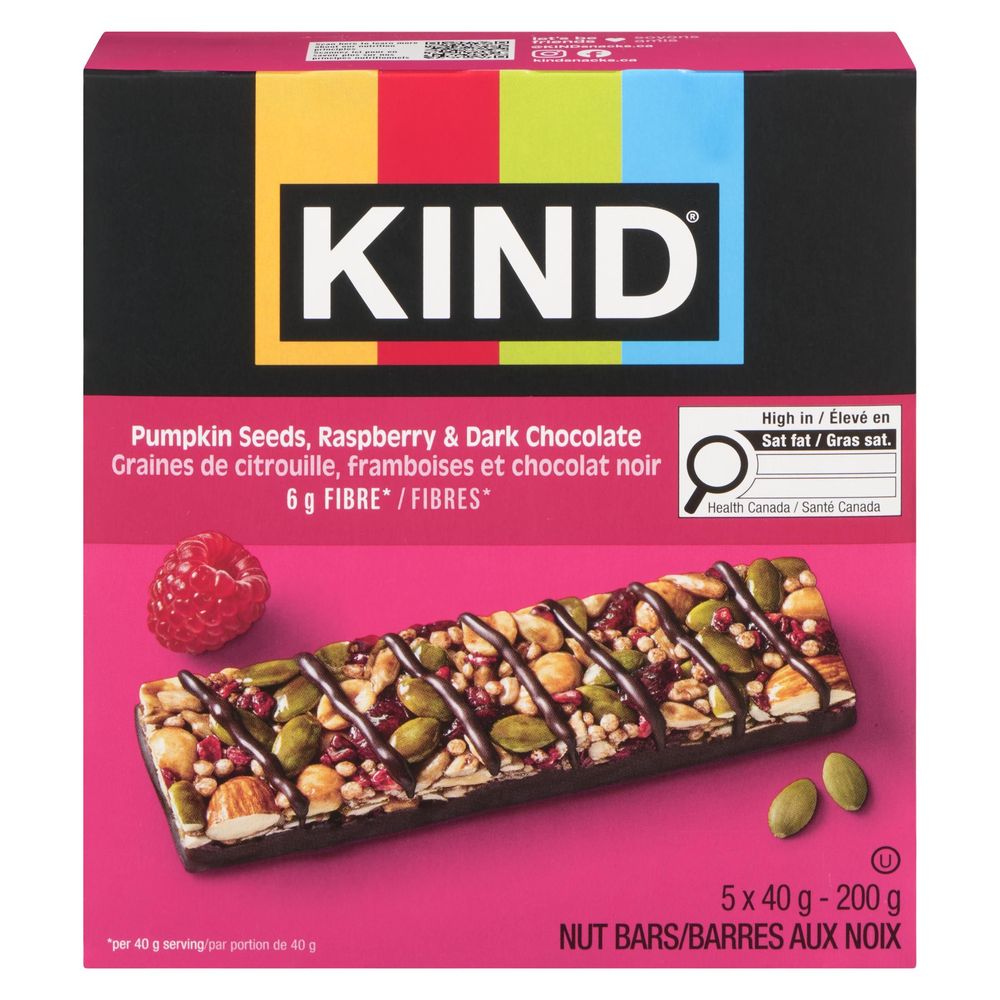 Kind Barre De Chocolat Noir Aux Graines De Citrouille, Framboises, Amandes Et Cacahuètes, 40 G – 50 Unités Par Caisse