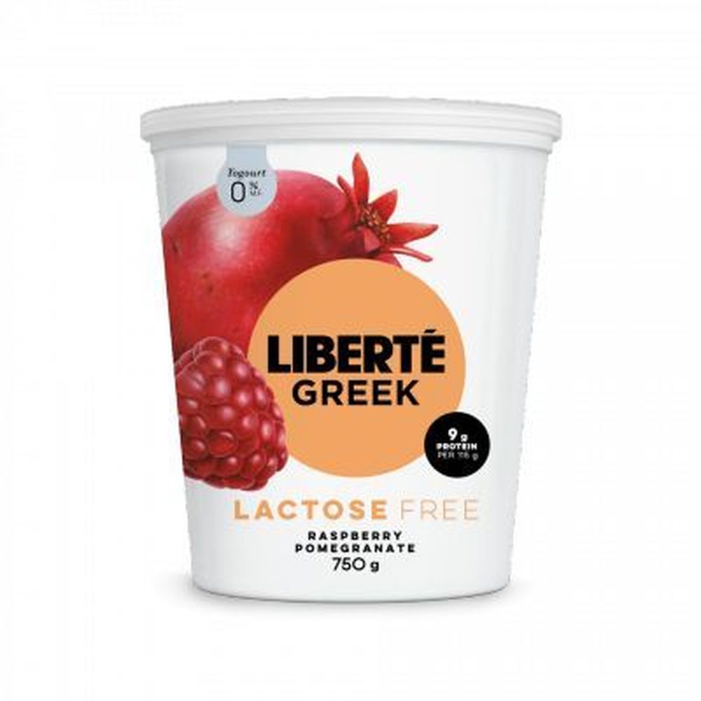 Liberte 0 Percent Milk Fat Lactose Free Raspberry Pomegranate Greek Yogurt, 750 G -- 6 Per Case